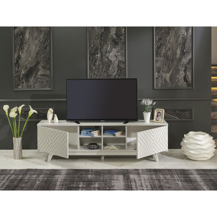 Store Lina Mid Century Modern TV Stand 2 Door Cabinet 4 Cubby Hole Shelves 67 Inch TV Unit