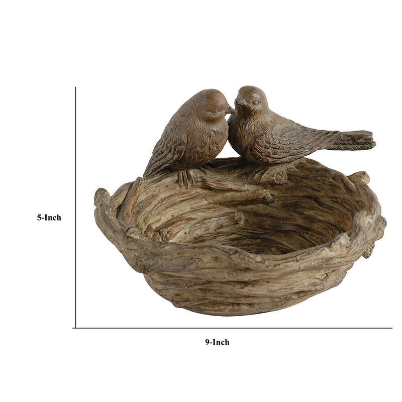 9 Inch Handcrafted Accent Table Bowl, Resin, Lovebirds Nest, Natural Brown - Benzara