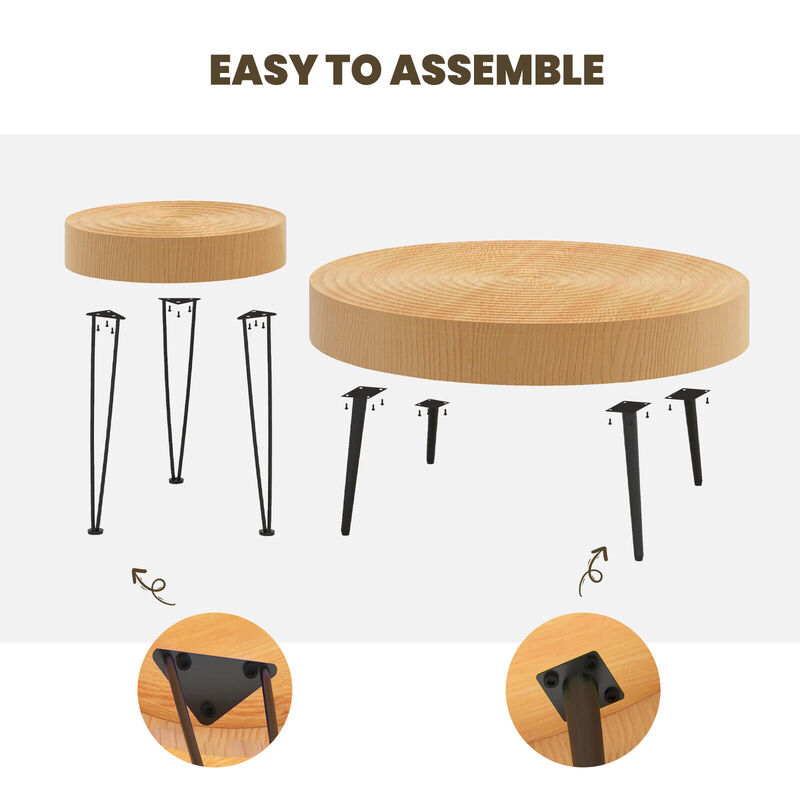 Set of 2 Wooden Coffee Table with Metal Legs and Adjustable Foot Pads