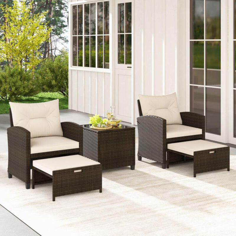 Hivvago 5 Pieces Patio Rattan Furniture with 2 Ottomans and Tempered Glass Coffee Table