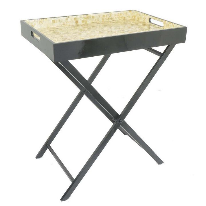 Dain 28 Inch Serving Tray Table, Foldable, Black Metal Stand, Multicolor - Benzara