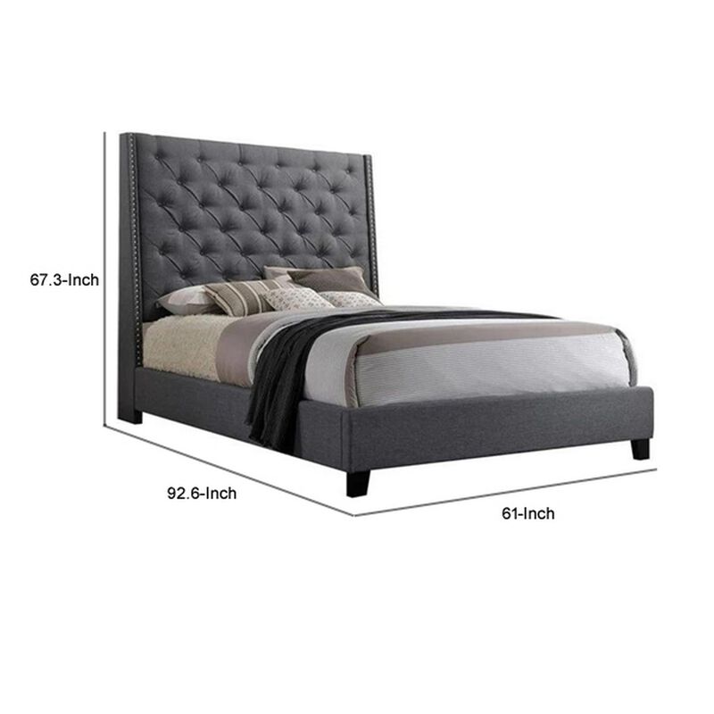 Benjara Maze Queen Size Bed, Button Tufted, Nailhead Trim, Gray Fabric Upholstery