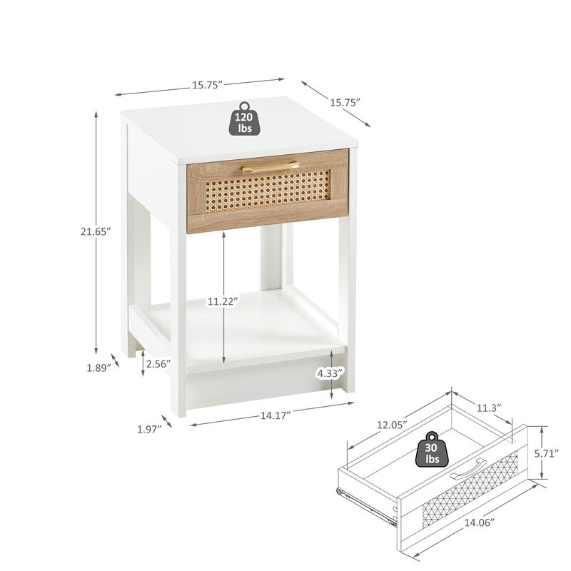 15.75" Rattan End table with drawer, Modern nightstand, side table for living roon, bedroom,white