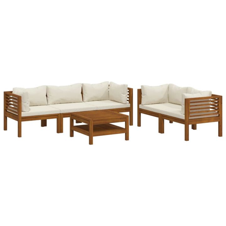 6pc Outdoor Modular Sofa Set, Cream Cushions, Brown Solid Acacia Wood - Benzara