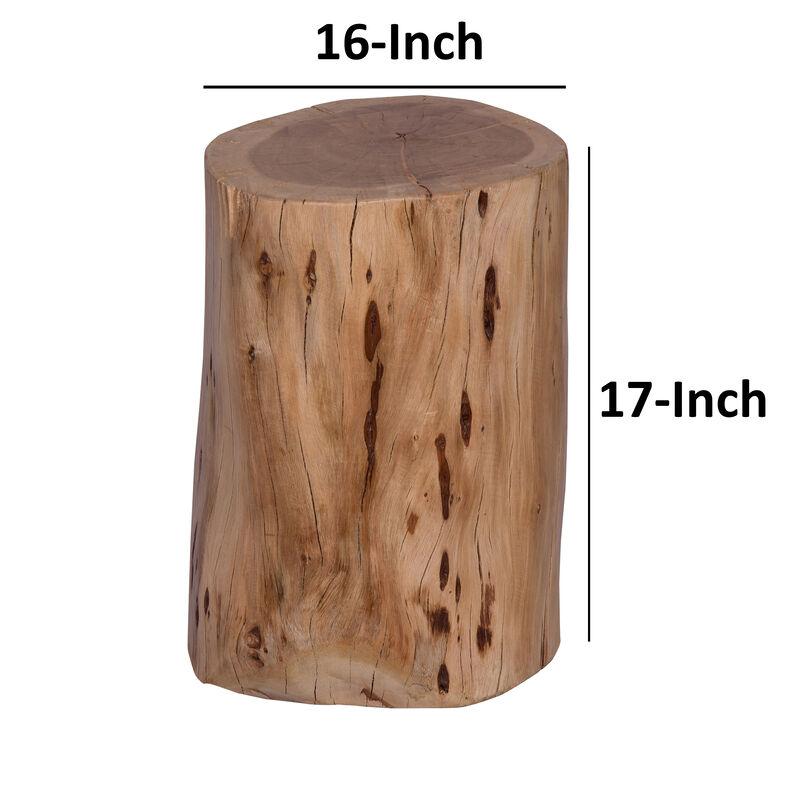 17 Inch Accent Stump Stool End Table, Live Edge Acacia Wood Log with Grain and Knot Details, Natural Brown-Benzara