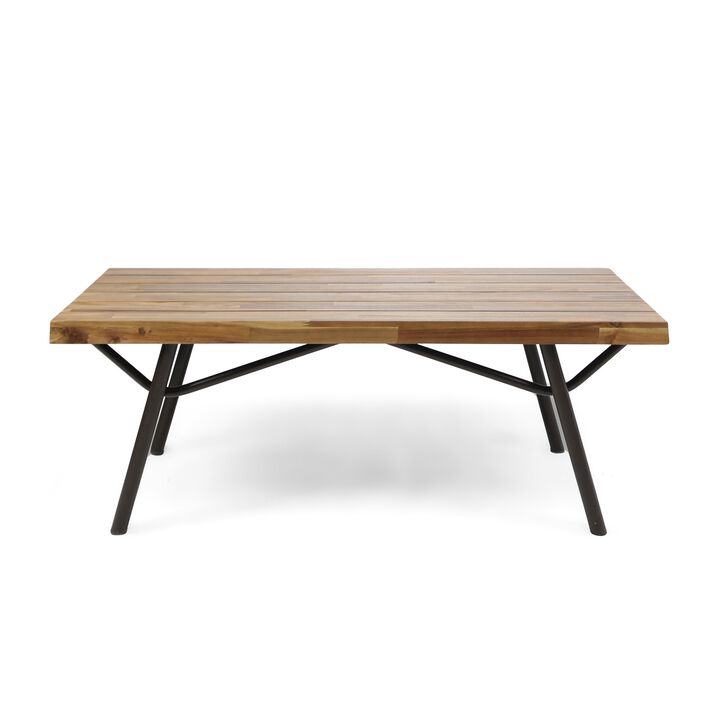 Patio Coffee Table, Slatted Top, Brown Iron, 50 Inch Teak Brown Acacia - Benzara