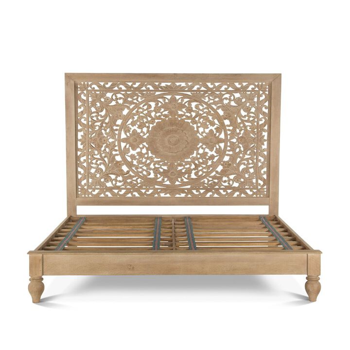 World Interiors Haveli Mango Wood Queen Bed in Natural Whitewash Finish