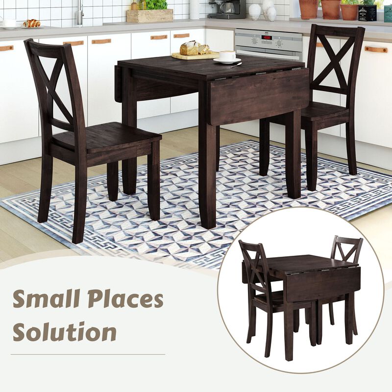 MONDAWE 3-Piece Wood Drop Leaf Breakfast Nook Dining Table Set with 2 X-back Chairs for Small Places,Dining Room,Kitchen