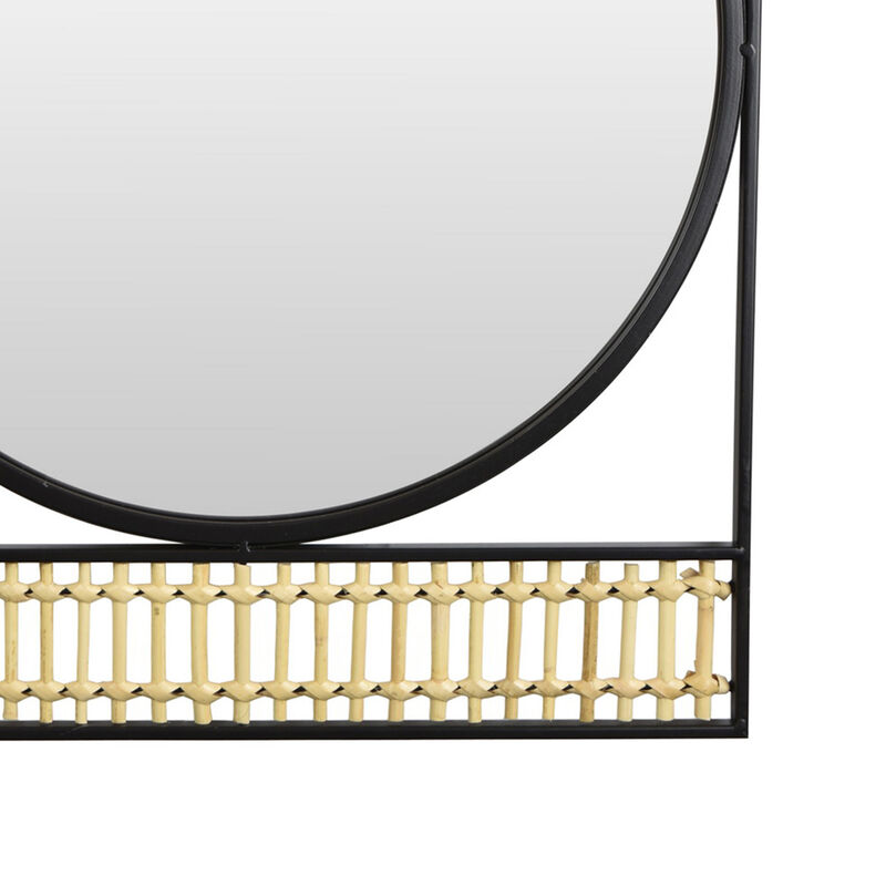 Zine Mirror Wall Decor, Round Glass, Woven Border, 19 x 27 Black Metal - Benzara