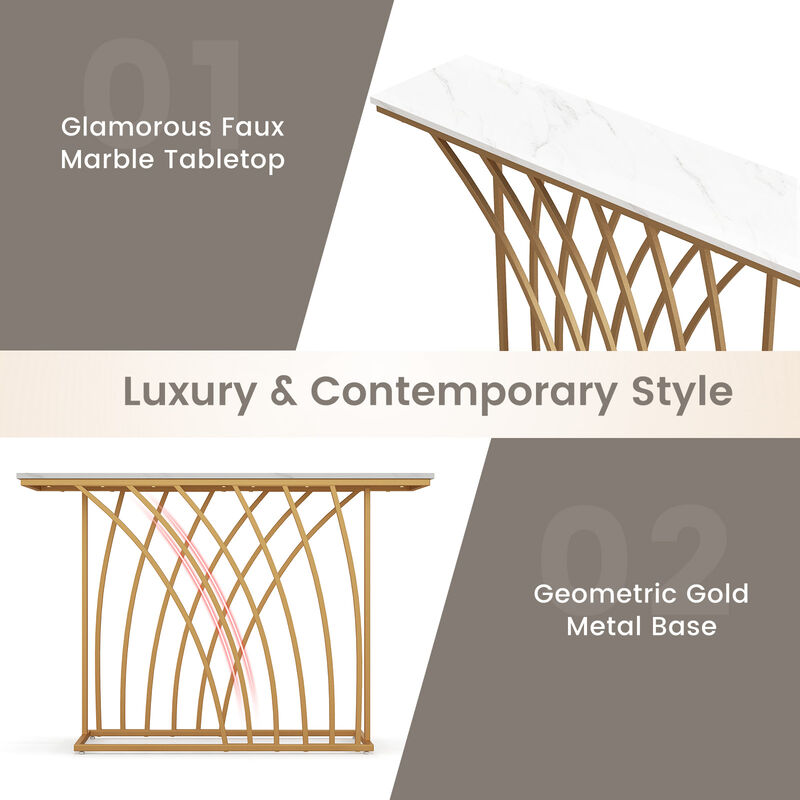 48 Inch Gold Console Table with White Faux Marble Tabletop-White