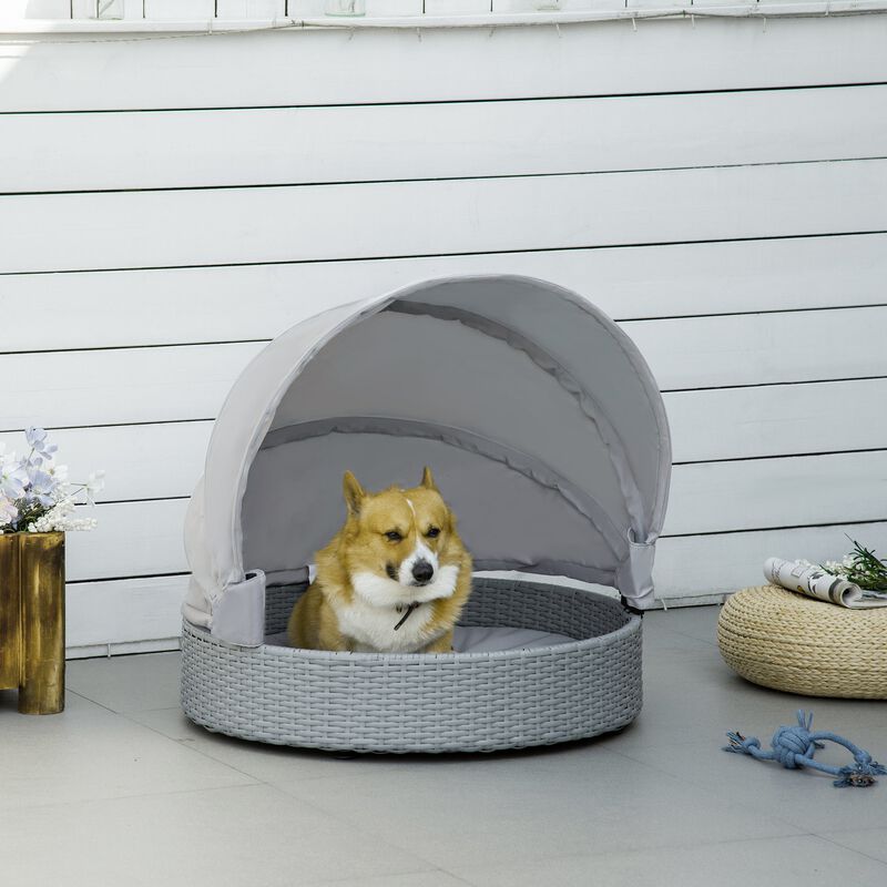 Grey Pet Retreat: Wicker Dog Cave Bed with Canopy for Indoor/Outdoor