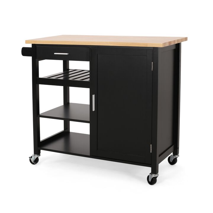 Rolling Kitchen Bar Cart, 3 Shelves, Cabinet, 42 Inch Black and Brown - Benzara
