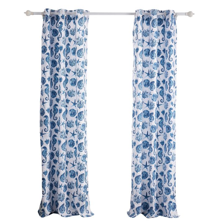 Riga 84 Inch Window Curtains, Blue Seashells Print, Microfiber, Rod Pockets - Benzara