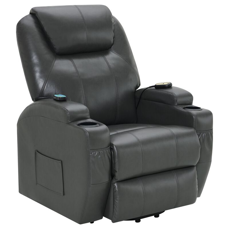 Sania Power Lift Recliner Chair, Gray Faux Leather, Cup Holders, Massage - Benzara