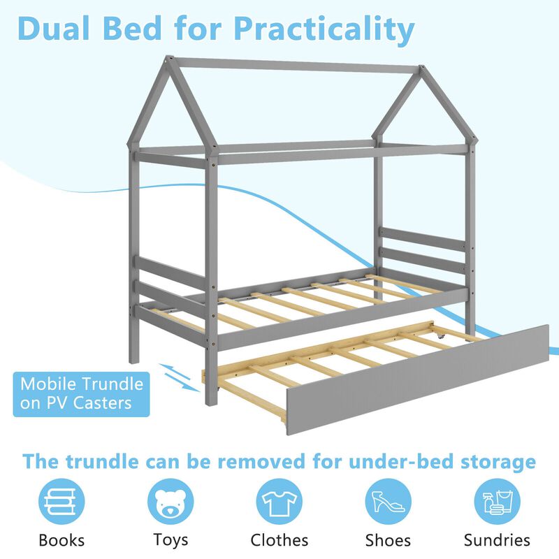 Kids Platform Bed Frame with Roof for Bedroom