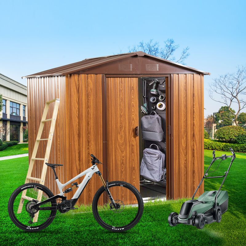 MONDAWE 6 Ft. W X 6 Ft. D Metal Storage Shed Appealing horizontal siding in woodgrain with coffee trim to complement