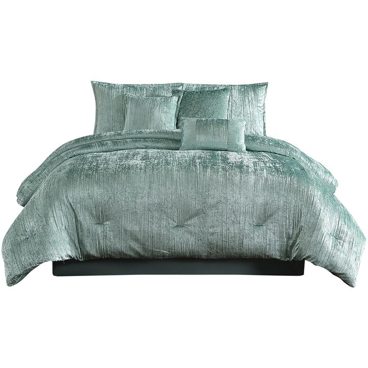 Jay 7 Piece King Comforter Set, Polyester Velvet Deluxe Texture, Green-Benzara