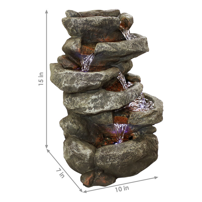 Sunnydaze Stone Falls Polyresin 6-Tier Indoor Fountain with LED - 15 in