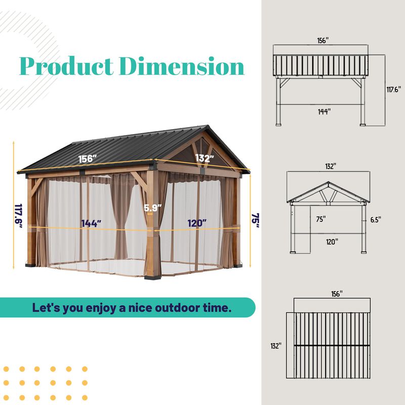 Clihome 11x12ft Patio Hardtop Gazebo with Curtains and Nettings Wooden Canopy Aluminum Frame