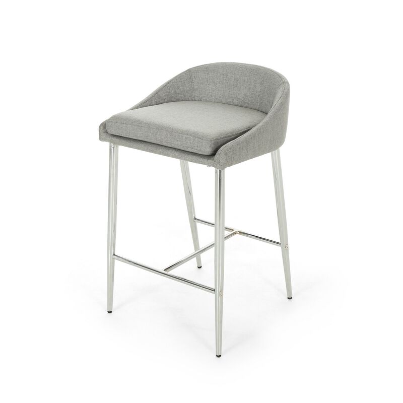 Yoko Counter Stool Chair, Curved Back, Chrome Iron Legs, Gray Fabric - Benzara