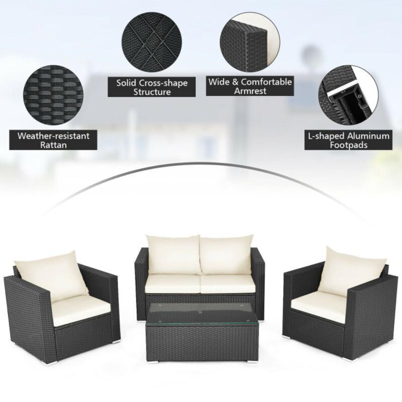 Hivvago 4 Pieces Patio Rattan Conversation Set with Padded Cushions