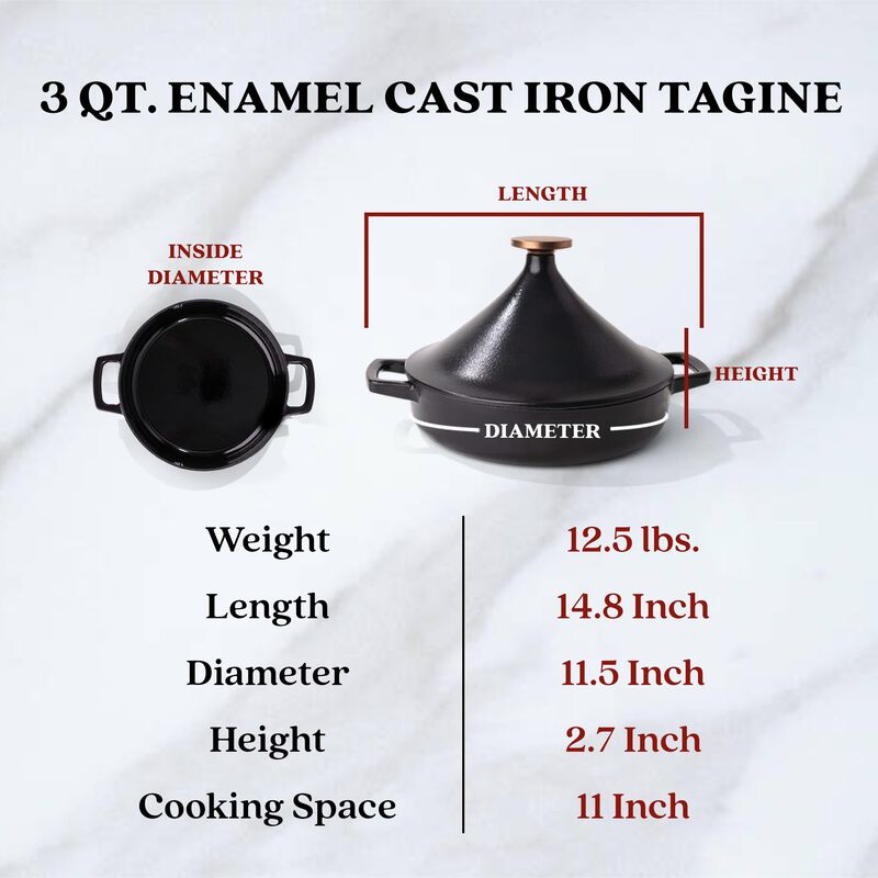 Alva Nori Enameled Cast Iron Tagine Pot 3 Qt. 11" Scratch Resistant Nonstick Stove-to-Table Enamel Coated Moroccan Pot, Non Toxic, Compatible with All Stovetops, Oven Safe & Induction Safe
