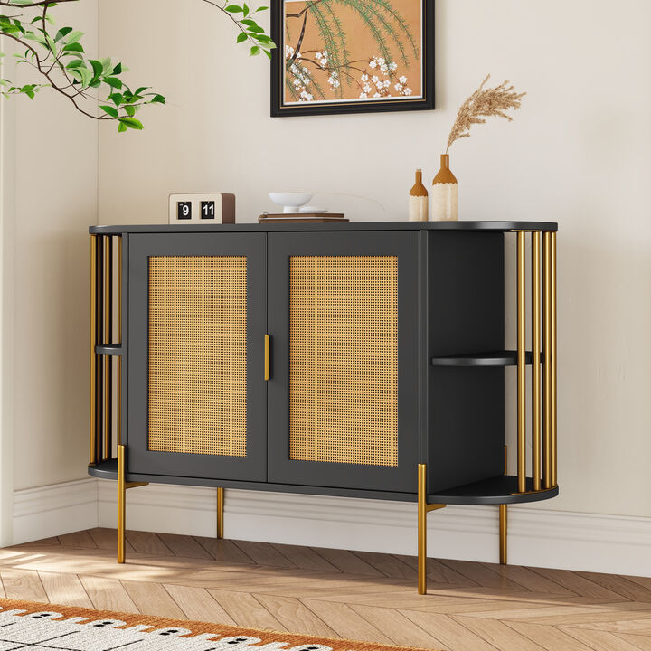 Clihome 2-Door Elegant Curved Dining Cabinet with Gold Trim and Woven Rattan Doors for Dining Room (Black)