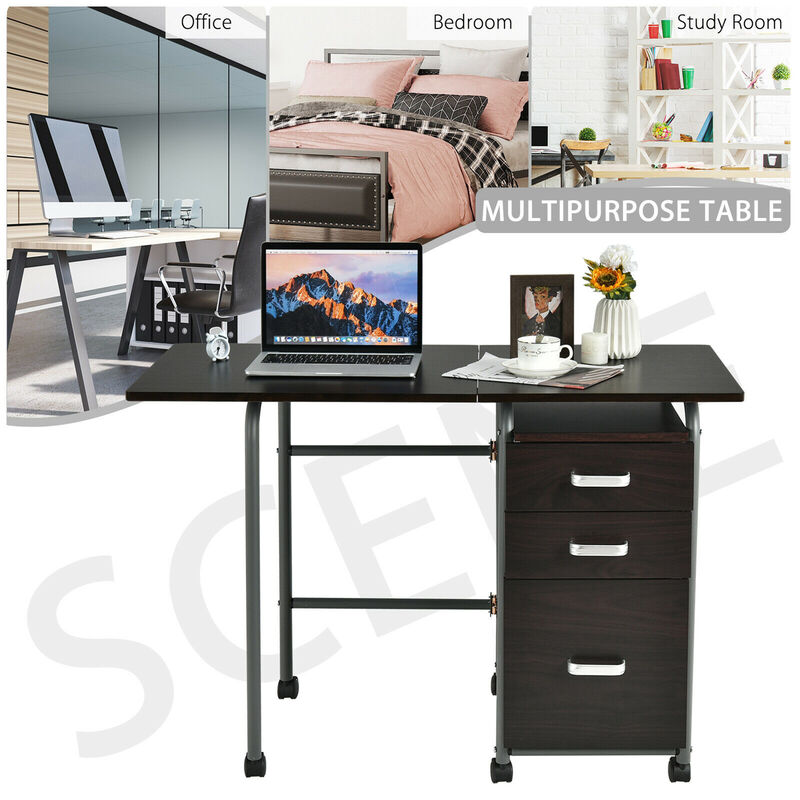Costway Folding Computer Laptop Desk Wheeled Home Office Furniture w/3 Drawers Brown