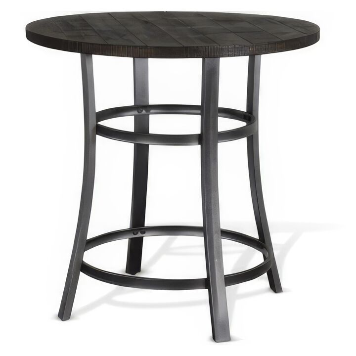 Flint Counter Height Table Round 36 Inch, Dark Brown Mahogany w Metal - Benzara
