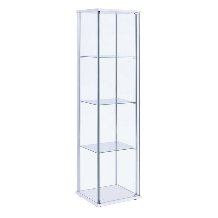 Glass and Metal Curio Cabinet with 4 Shelves, Clear and White-Benzara