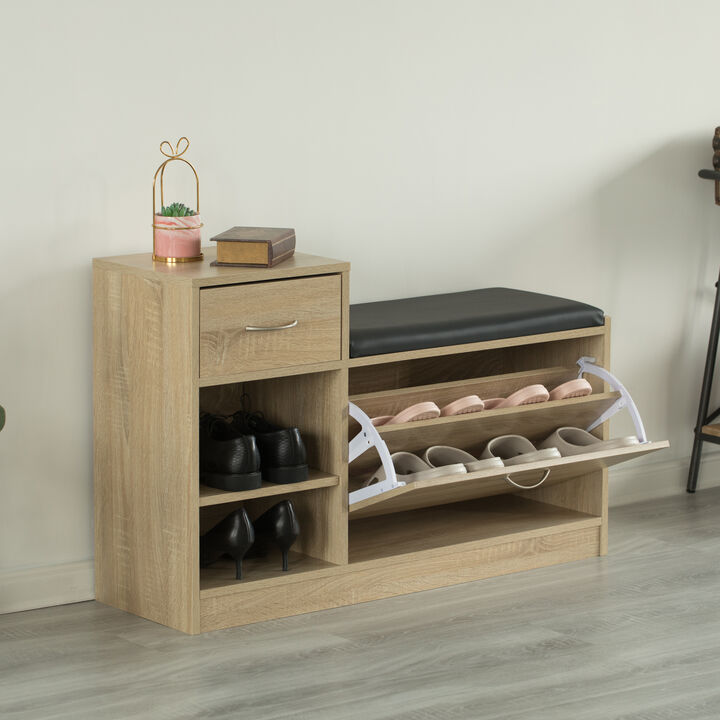 Wooden Entryway Shoe Storage Bench with Cushion, Oak