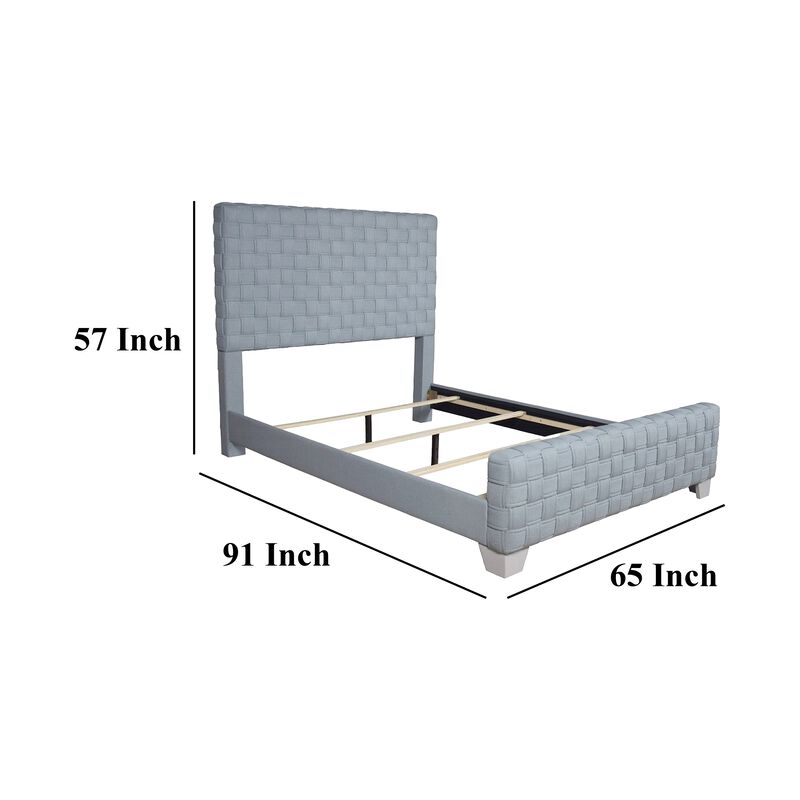 Reah Queen Size Bed, Light Teal Blue Chenille, Gray Panel Headboard - Benzara