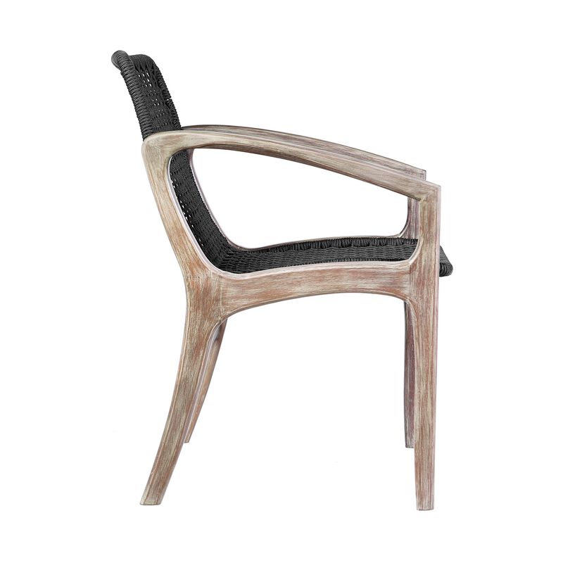 Tira 25 Inch Outdoor Patio Dining Chair, Brown Eucalyptus Frame, Woven Rope - Benzara
