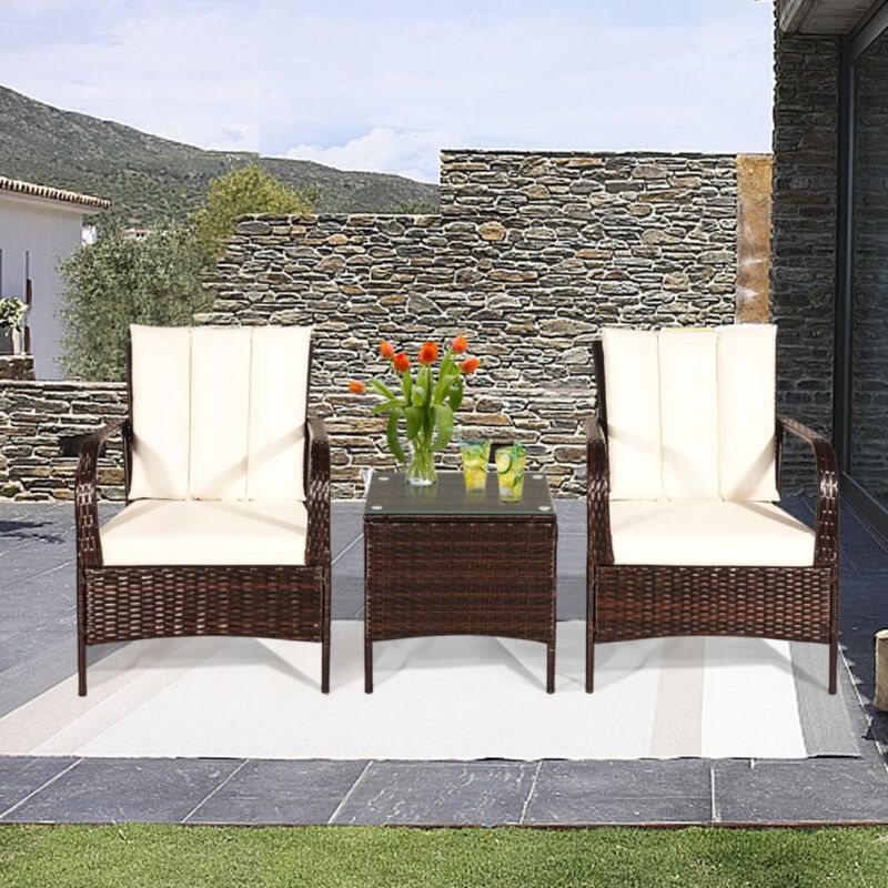 Hivvago 3 Pieces Patio Rattan Conversation Set with Glass Top Coffee Table and Cushions