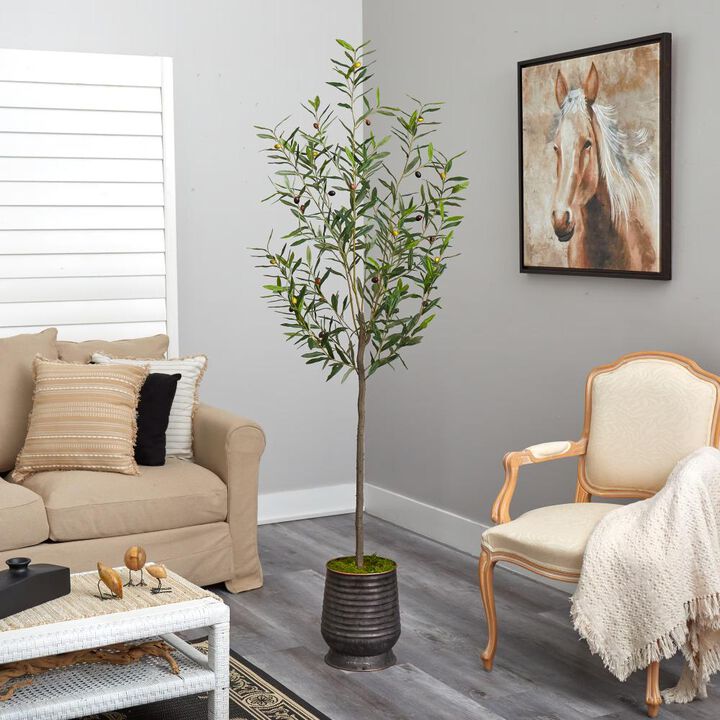 Hivvago 75 Inches Olive Artificial Tree in Ribbed Metal Planter