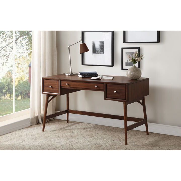 Brown Finish Stylish Writing Desk Storage Drawers Nickel Knob Hardware Walnut Veneer Wood Furniture