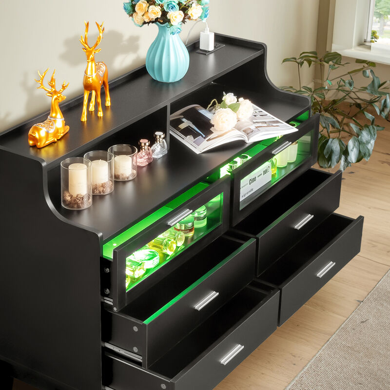 Wood Tempered Glass Drawer Dresser with LED Light Strips & Charging Station & USB Ports Bed Table