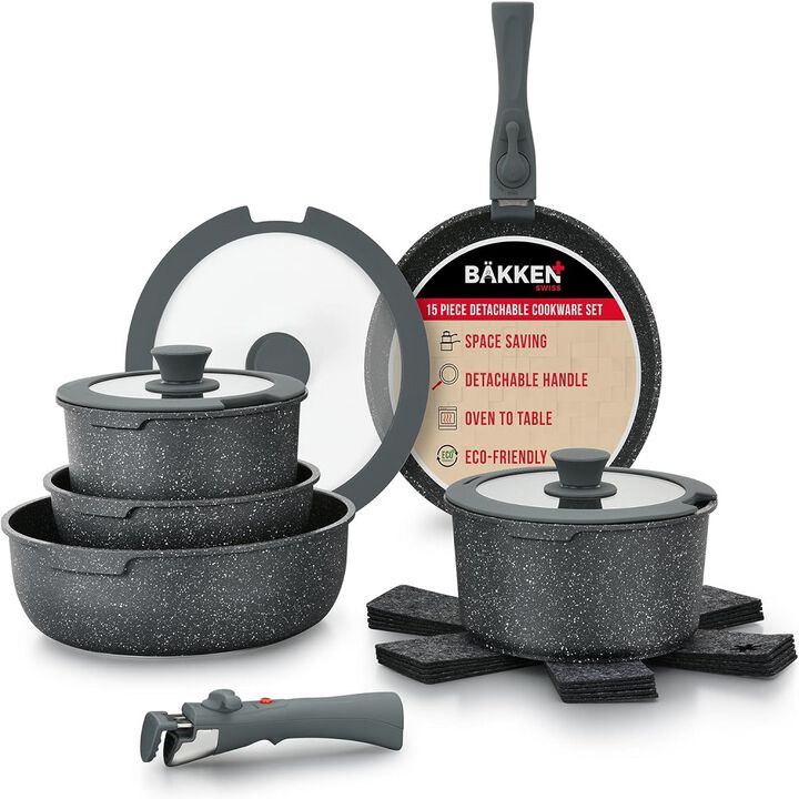 Bakken 15-Piece Non-Stick Cookware Set with Detachable Handles – Granite Stackable Pots and Pans Set, Dishwasher Safe, Oven-Safe, and Compatible Kitchen Essential for All Stoves – Black Granite.