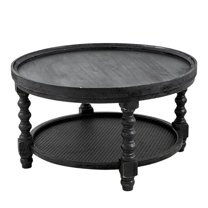 Jake 30 Inch Coffee Table, Fir Wood, Lower Tier Woven Wicker Shelf, Black-Benzara