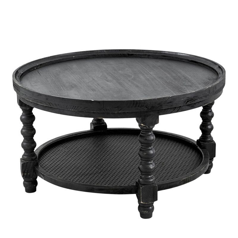 Jake 30 Inch Coffee Table, Fir Wood, Lower Tier Woven Wicker Shelf, Black-Benzara