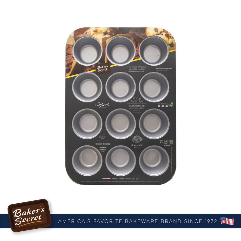 Baker's Secret 12cup Muffin Cupcake Pan, 2Layers Non-stick Coating, Aluminized Steel, Dark Gray, Superb Collection