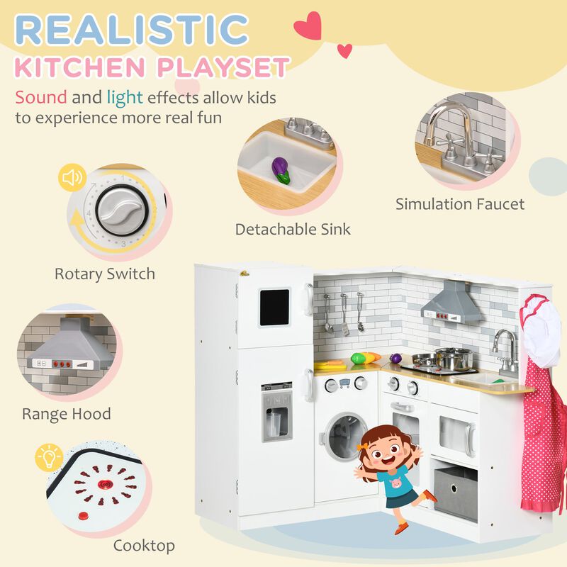 White Children's Playset: Wooden Kitchen with Lights & Appliances