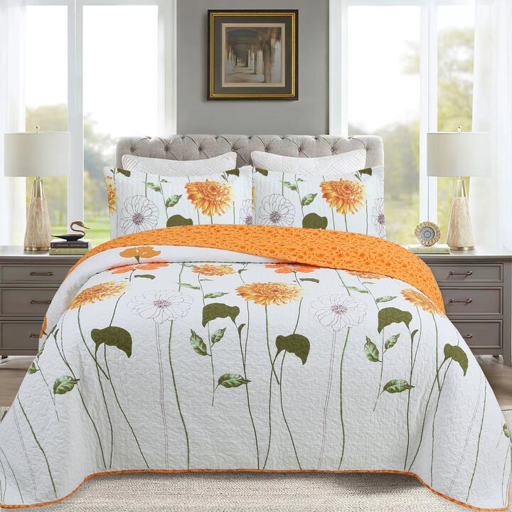 Marcielo 3 Piece 100% Cotton Printed Floral Reversible Quilt Bedspread Set