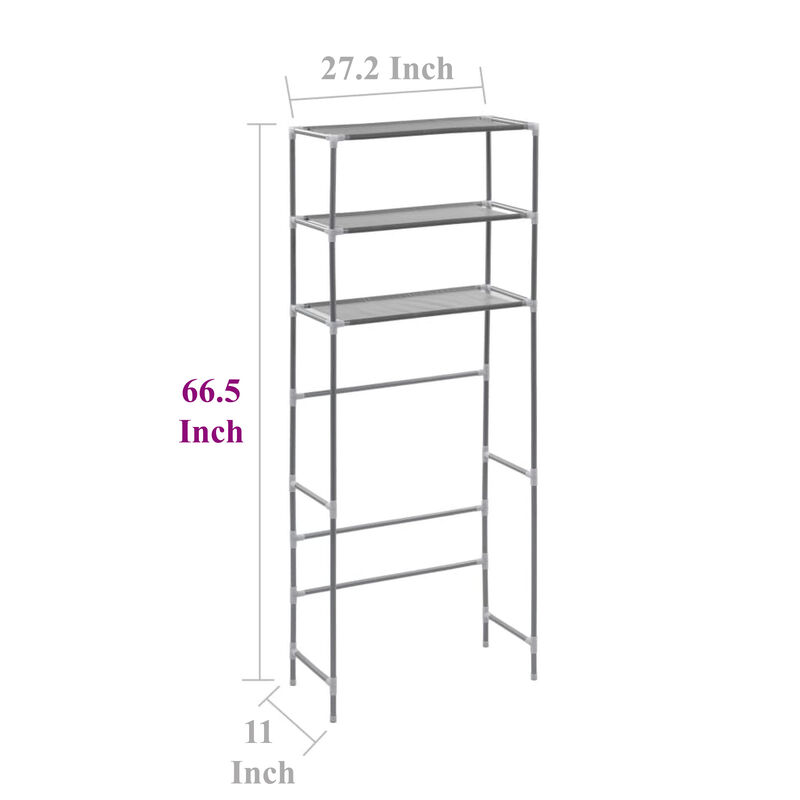3 Tier Storage Rack, Over Laundry Machine Style, Silver Steel, Fabric - Benzara