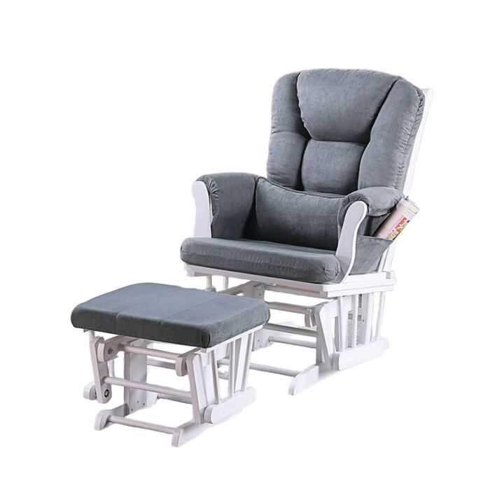 Noni Glider Manual Recliner Chair w Square Ottoman, White Wood, Gray - Benzara