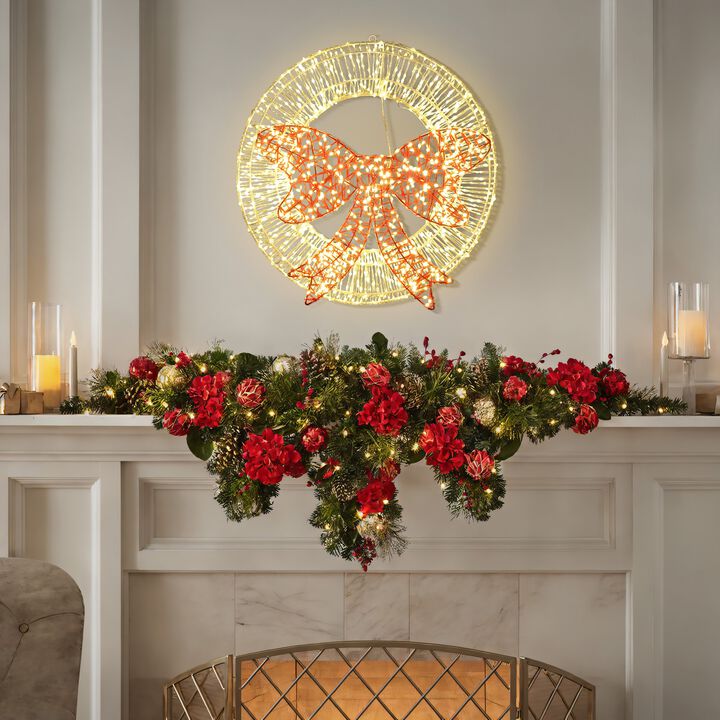 LuxenHome 1.6Ft Round Light Wreath and Red Light Bow Holiday Decoration with Timer