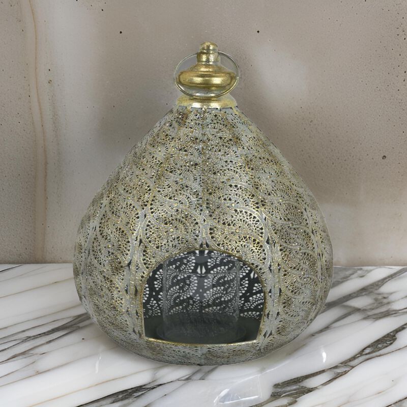 18 Inch Decorative Lantern, Embossed Design, Tear Drop Shape, Gold Metal - Benzara
