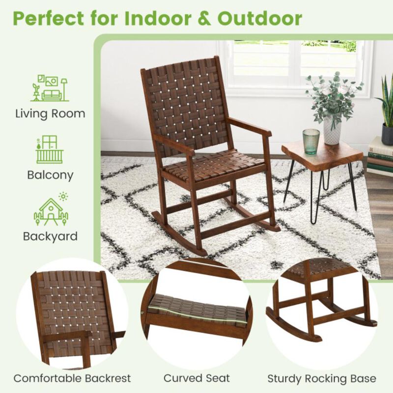 Hivvago Patio Wood Rocking Chair with PU Seat and Rubber Wood Frame