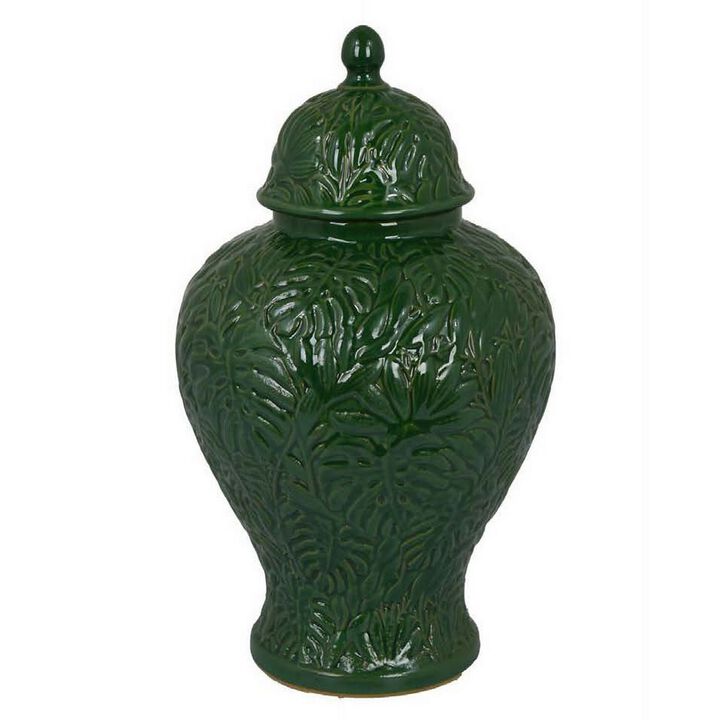 Home Accent Ginger Jar w Lid, Floral Motifs on Green Ceramic, 13 Inch - Benzara