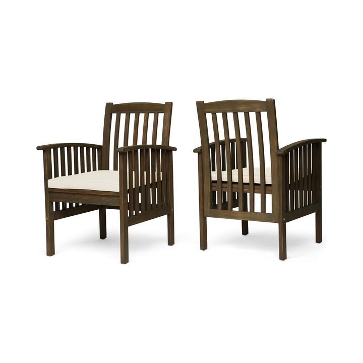 Gerry Dining Chair, Outdoor Traditional Slatted Gray Acacia Wood, Cream - Benzara